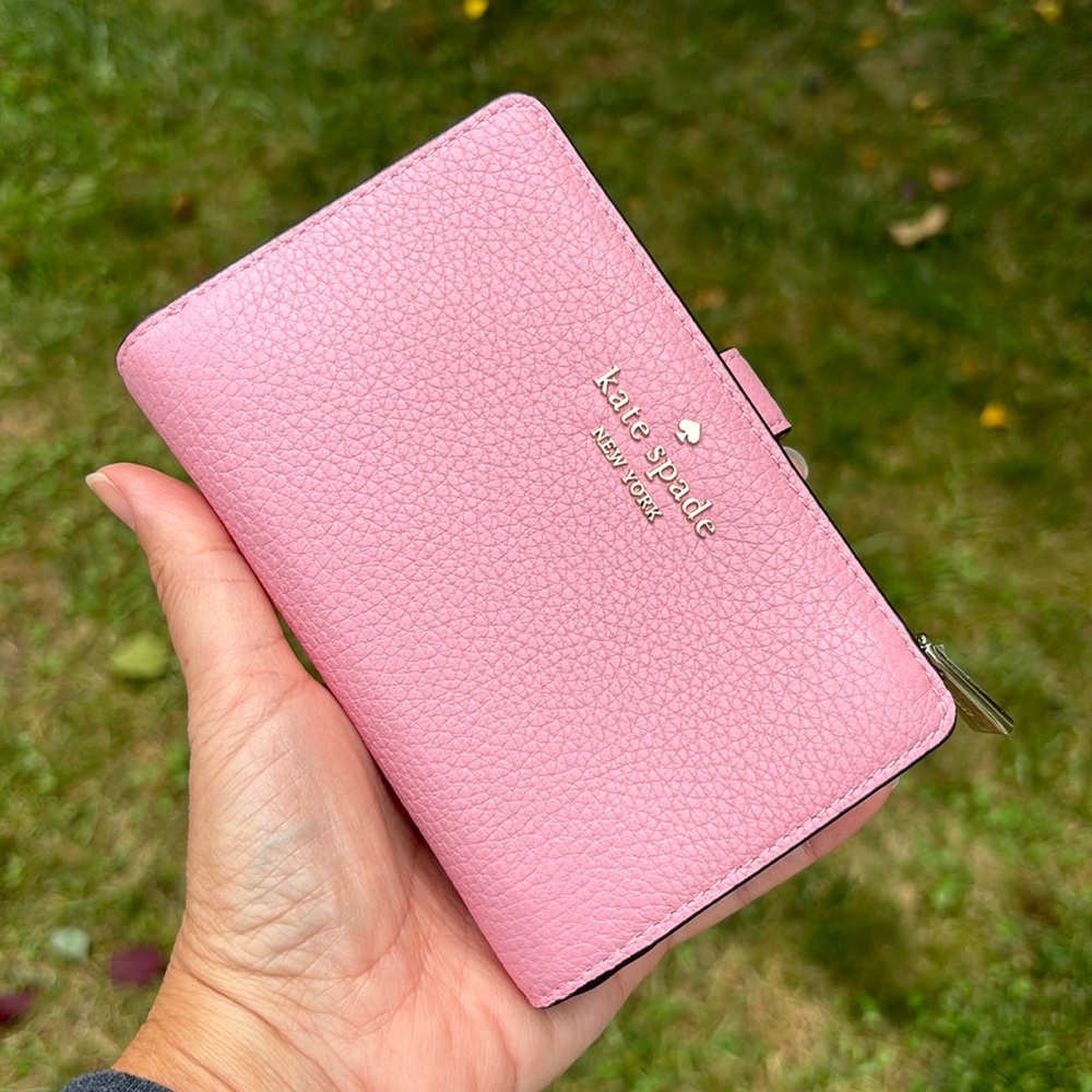 Kate Spade Leila Compact Bifold Wallet Pebble Leather Bright Carnation Pink